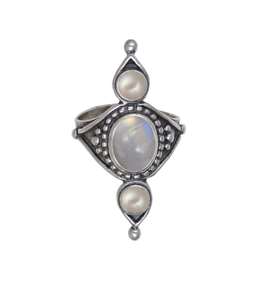Sterling Silver Royal Ring With Rainbow Moonstone And Cultured Freshwater Pearl Size 10